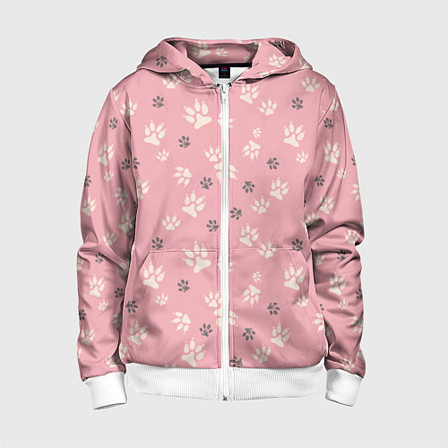 Детская толстовка на молнии Розовый принт лапки / 3D-Белый – фото 1