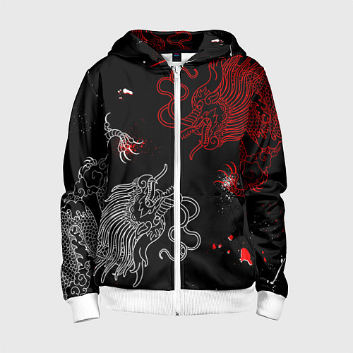 Детская толстовка на молнии Китайский дракон Красно - Белый / 3D-Белый – фото 1