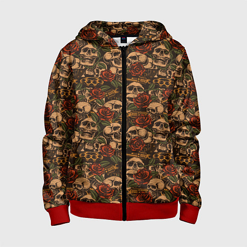 Детская толстовка на молнии Черепа с оружием и розами / 3D-Красный – фото 1