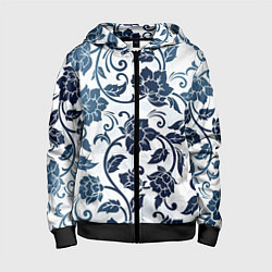 Толстовка на молнии детская Гжелевые цветы, цвет: 3D-черный