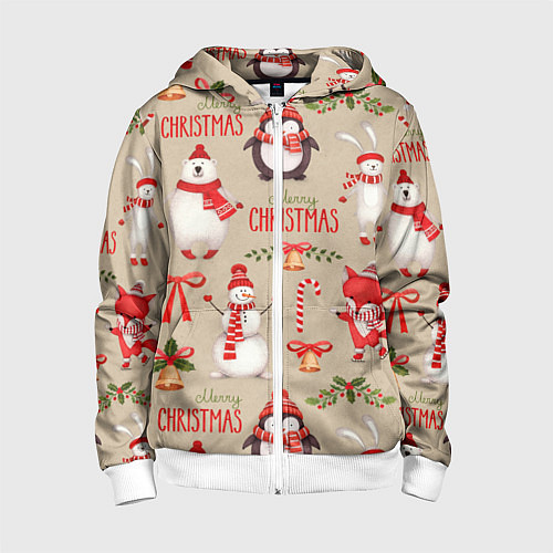 Детская толстовка на молнии СЧАСТЛИВОГО РОЖДЕСТВА MERRY CHRISTMAS / 3D-Белый – фото 1
