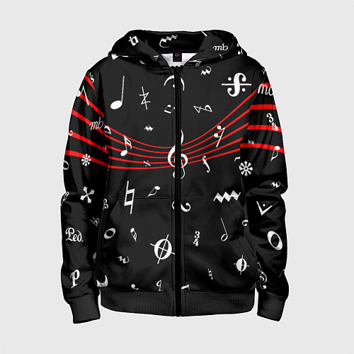 Детская толстовка на молнии Нотные Знаки с Нотным Станом / 3D-Черный – фото 1