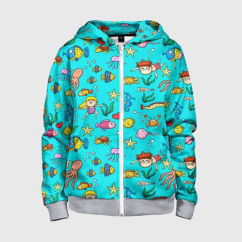 Детская толстовка на молнии КУПАНИЕ ДЕТЕЙ С МОРСКИМИ ОБИТАТЕЛЯМИ / 3D-Меланж – фото 1