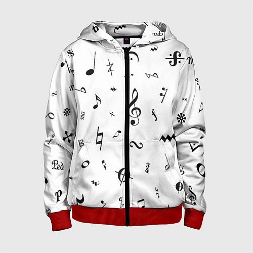 Детская толстовка на молнии Нотные Знаки Черные на Белом / 3D-Красный – фото 1