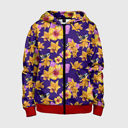 Толстовка на молнии детская Цветы Оранжевые Ирисы и Гибискус На Синем Фоне, цвет: 3D-красный