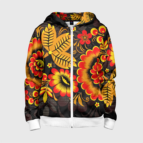 Детская толстовка на молнии Хохломская Роспись Цветы На Тёмном Фоне / 3D-Белый – фото 1