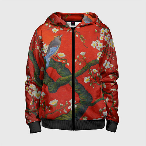 Детская толстовка на молнии Птица на ветвях сакуры / 3D-Черный – фото 1