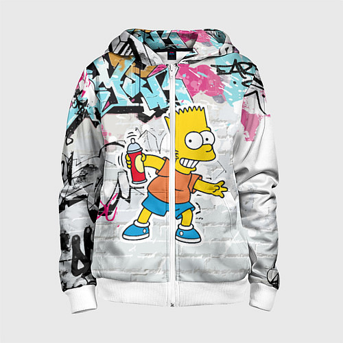 Детская толстовка на молнии Барт Симпсон на фоне стены с граффити / 3D-Белый – фото 1