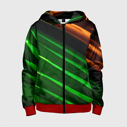 Детская толстовка на молнии Абстрактные зелёные и оранжевые поверхности / 3D-Красный – фото 1