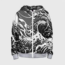 Толстовка на молнии детская Черно-белые волны, цвет: 3D-меланж