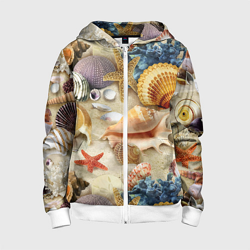 Детская толстовка на молнии Морские раковины, кораллы, морские звёзды на песке / 3D-Белый – фото 1