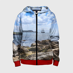 Толстовка на молнии детская Парусник на горизонте океана, цвет: 3D-красный