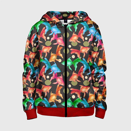 Детская толстовка на молнии Разноцветные рыбы паттерн / 3D-Красный – фото 1