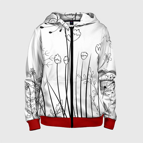 Детская толстовка на молнии Цветочный черно-белый орнамент / 3D-Красный – фото 1