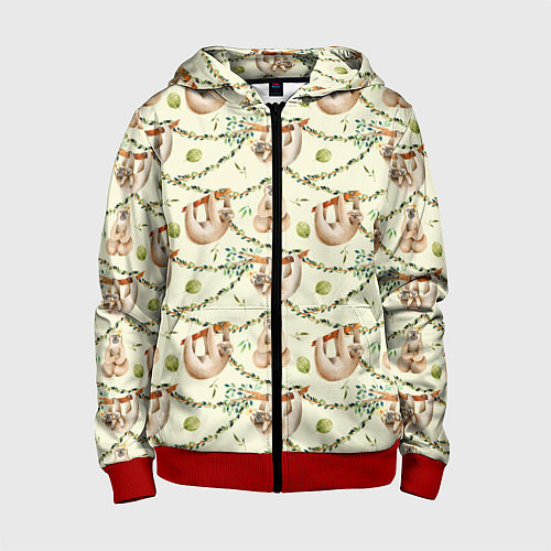 Детская толстовка на молнии Ленивцы висят на лианах / 3D-Красный – фото 1