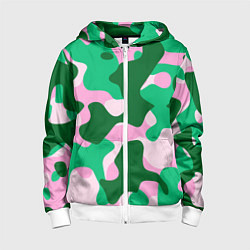 Толстовка на молнии детская Абстрактные зелёно-розовые пятна, цвет: 3D-белый