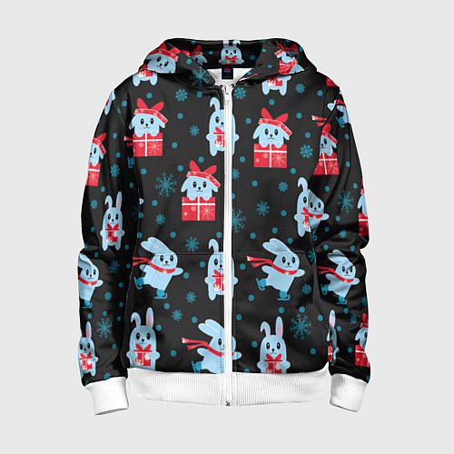 Детская толстовка на молнии Новогодние голубые кролики / 3D-Белый – фото 1