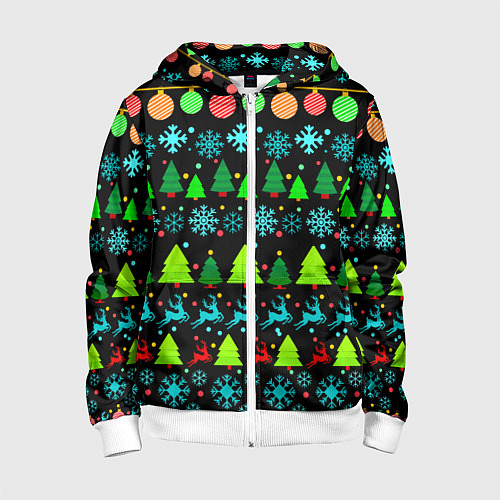 Детская толстовка на молнии Узор с ёлками и оленями / 3D-Белый – фото 1