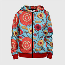 Толстовка на молнии детская Эффект вышивки маки, цвет: 3D-красный