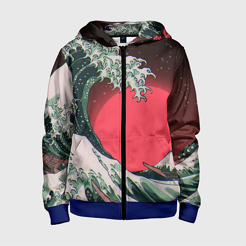 Детская толстовка на молнии Японская волна в красном цвете / 3D-Синий – фото 1