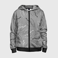Детская толстовка на молнии Узор из черных и белых листьев на сером фоне