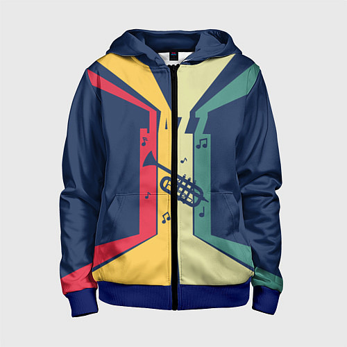 Детская толстовка на молнии Труба в разноцветных полосах Jazz music / 3D-Синий – фото 1