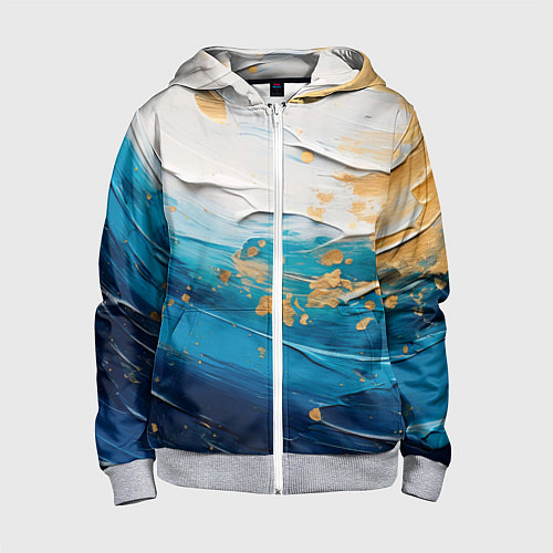 Детская толстовка на молнии Белый, синий, золотой импасто абстракция / 3D-Меланж – фото 1