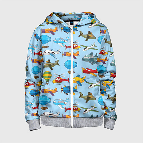 Детская толстовка на молнии Самолёты и вертолёты / 3D-Меланж – фото 1