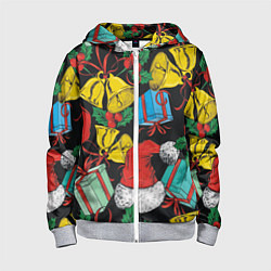 Толстовка на молнии детская Узор с рождественскими колокольчиками, цвет: 3D-меланж