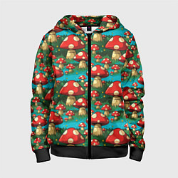 Толстовка на молнии детская Мультяшный мухомор паттерн, цвет: 3D-черный