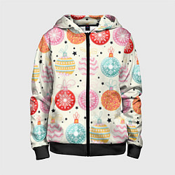 Толстовка на молнии детская Разноцветные новогодние шары, цвет: 3D-черный