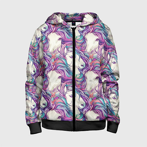 Детская толстовка на молнии Морды лошади фиолетовый паттерн / 3D-Черный – фото 1