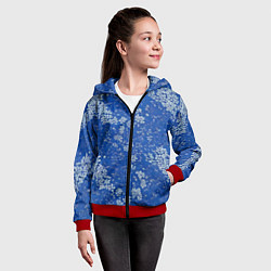 Толстовка на молнии детская Белые лепестки на синем фоне, цвет: 3D-красный — фото 2