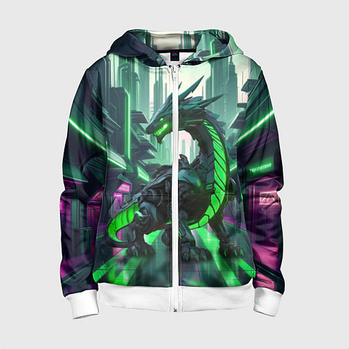 Детская толстовка на молнии Неоновый зеленый дракон / 3D-Белый – фото 1