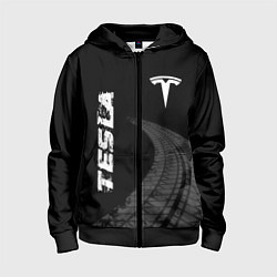 Детская толстовка на молнии Tesla speed на темном фоне со следами шин вертикал