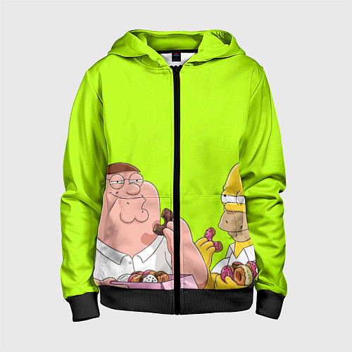 Детская толстовка на молнии Питер и Гомер едят пончики зеленый / 3D-Черный – фото 1