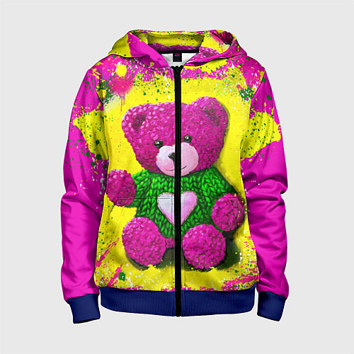 Детская толстовка на молнии Розовый мишка в вязаном свитере / 3D-Синий – фото 1
