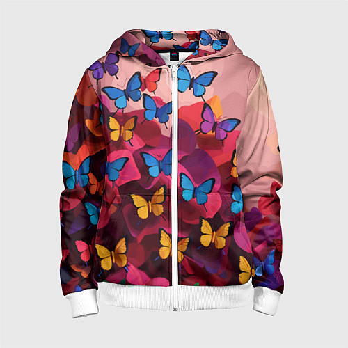 Детская толстовка на молнии Разноцветные бабочки - розовые цветы / 3D-Белый – фото 1