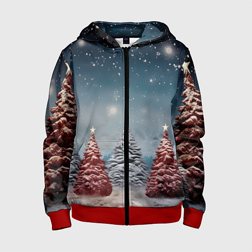 Детская толстовка на молнии Волшебство зимней природы иней на деревьях / 3D-Красный – фото 1
