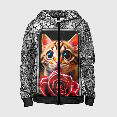 Детская толстовка на молнии Кот в телефоне / 3D-Черный – фото 1