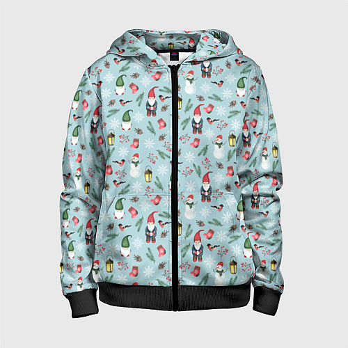 Детская толстовка на молнии Новогодние акварельные гномы / 3D-Черный – фото 1