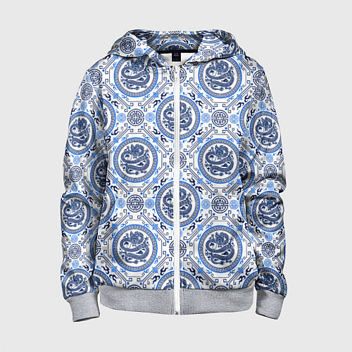 Детская толстовка на молнии Драконы в стиле гжели / 3D-Меланж – фото 1