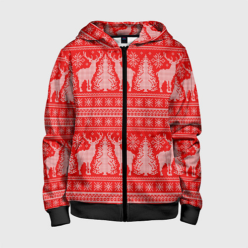 Детская толстовка на молнии Новогодний узор с оленями и елками / 3D-Черный – фото 1