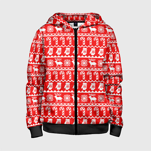 Детская толстовка на молнии Новогодний узор с оленями и снежинками / 3D-Черный – фото 1