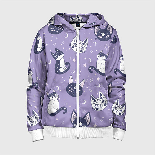 Детская толстовка на молнии Мистические кошечки - паттерн фиолетовый / 3D-Белый – фото 1