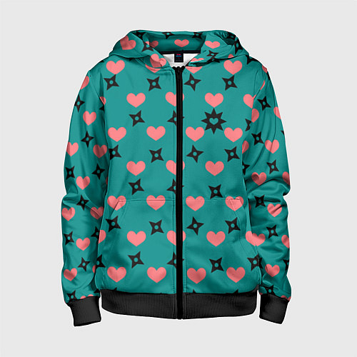 Детская толстовка на молнии Бирюза и розовый: сердца и сюрикены / 3D-Черный – фото 1