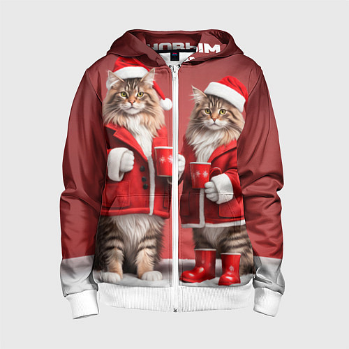 Детская толстовка на молнии С новым котом - два кота в костюмах Санты / 3D-Белый – фото 1