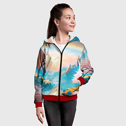 Толстовка на молнии детская Японский город вдали и цветущая Сакура у реки, цвет: 3D-красный — фото 2