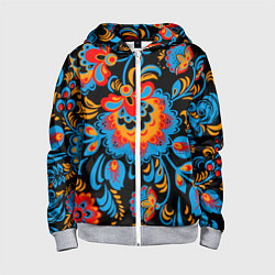 Толстовка на молнии детская Хохломская роспись разноцветные цветы на чёроном ф, цвет: 3D-меланж