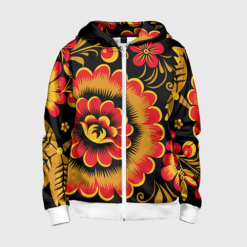 Детская толстовка на молнии Хохломская роспись красно-жёлтые цветы на чёрном ф / 3D-Белый – фото 1